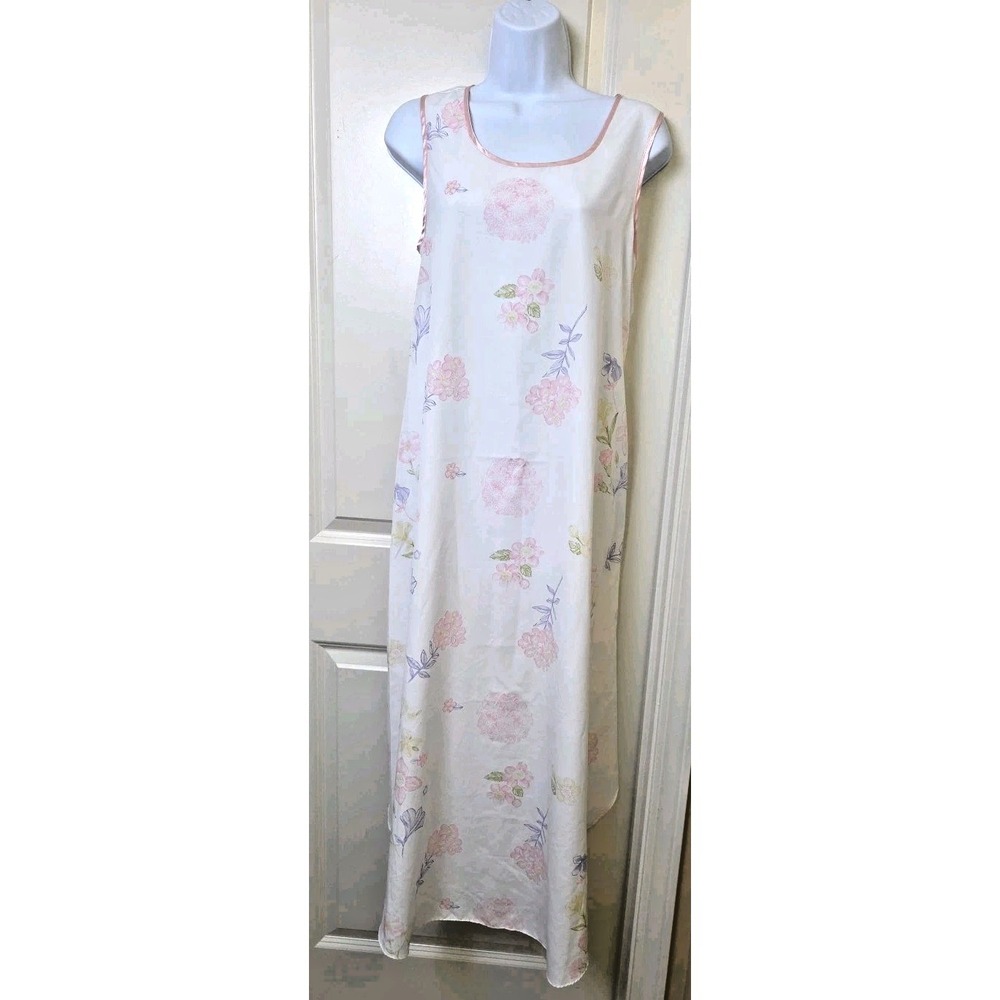 Vtg 1990s EVE STILLMAN Long Satin Nightgown Floral White‎ Pastel S Petite